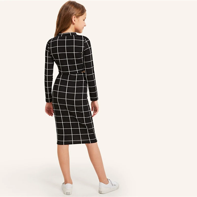 SHEIN/детский черный клетчатый короткий топ с воротником-стойкой и юбка для девочек Повседневный костюм, комплект для детей г. Осенние облегающие костюмы с длинными рукавами