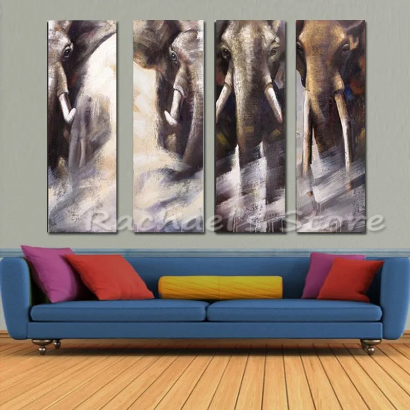 Goedkoop Handgeschilderde 4 Stuks Abstract Olifanten Olie Pianting Moderne Muur Foto Woonkamer Home Decor Canvas Foto Kunst Schilderij