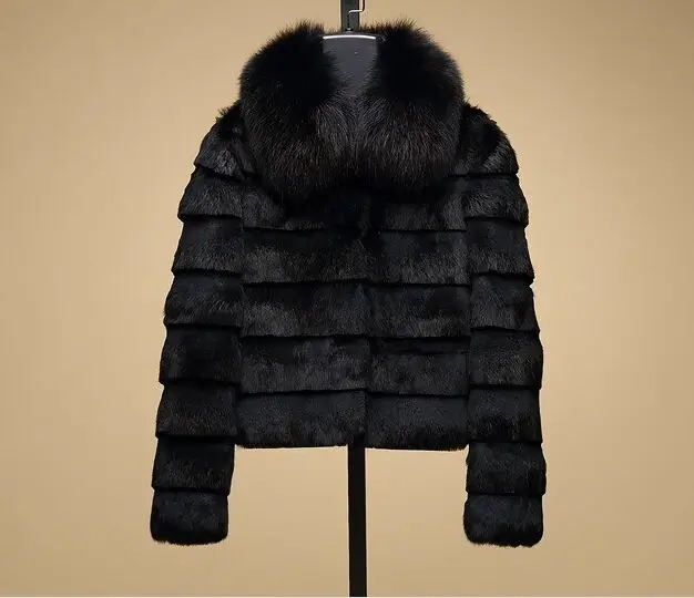 2022 New Real Rabbit Fur Coat With Fox Fur Collar Women Full Pelt Fur Jacket Winter Rabbit Fur Waistcoat Free Shipping ZF741