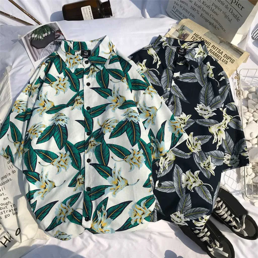Summer Men's Shirts Blouse Loose Hawaiian Printed Short Sleeve Buttons Up Casual Beach Men Dress Shirts Tops Camisas Hombre