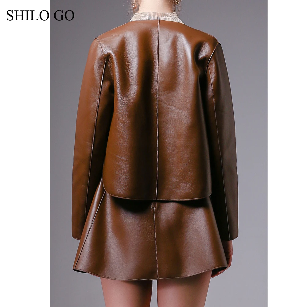 SHILO GO кожаные комплекты Женская Осенняя мода овчина из натуральной кожи костюм с круглым вырезом свободный однобортный пиджак трапециевидная рубашка
