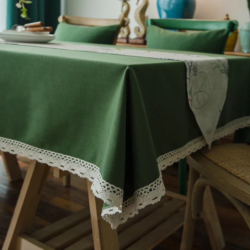 Green Solid Color White Lace Pattern Linen Waterproof Polyester Tablecloth Table Cover Decoration Rectangular Line Cloth | Дом и сад