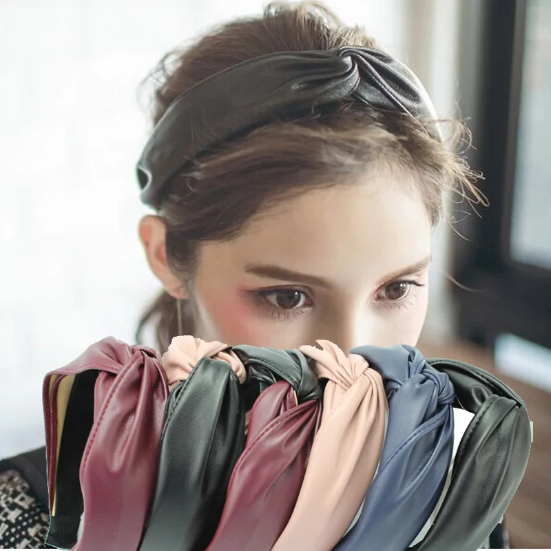 

1pcs 2018 Women's Hairband New Leather Patchwork Wide Girls Headbands Twist Solid Color Knot Women Hair Bands Hair Accessories
