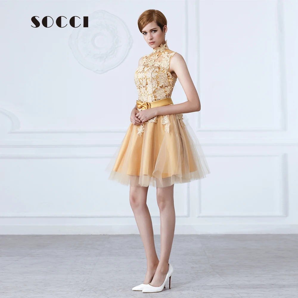 SOCCI/модное короткое золотое вечернее платье с высоким воротом и кружевным