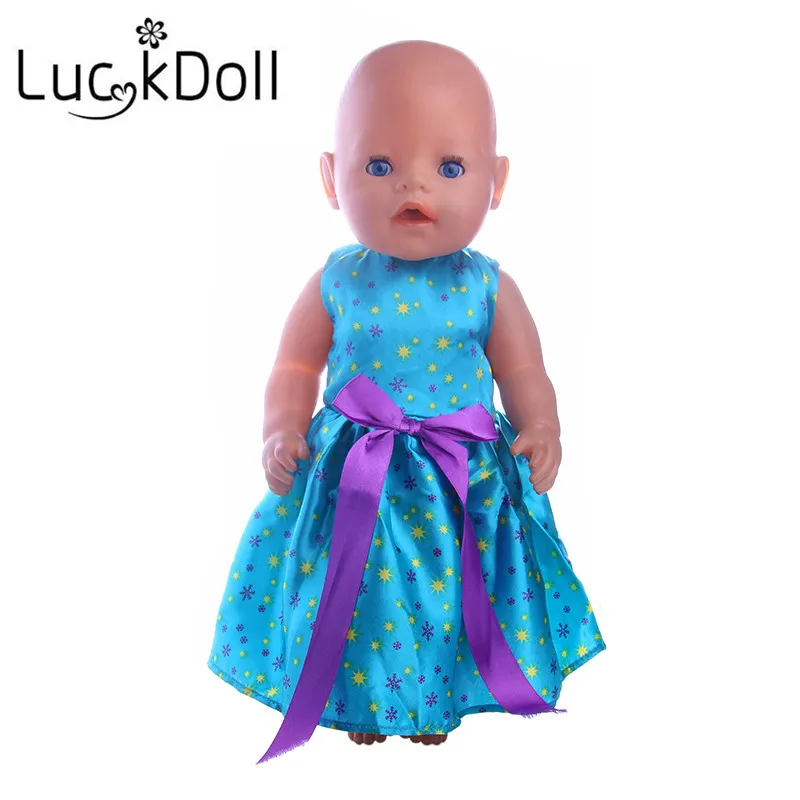 LUCKDOLL голубое фиолетовое платье с бантом подходит 18 дюймов Американский 43 см Детские аксессуары для кукол, игрушки для девочек, поколение, подарок на день рождения