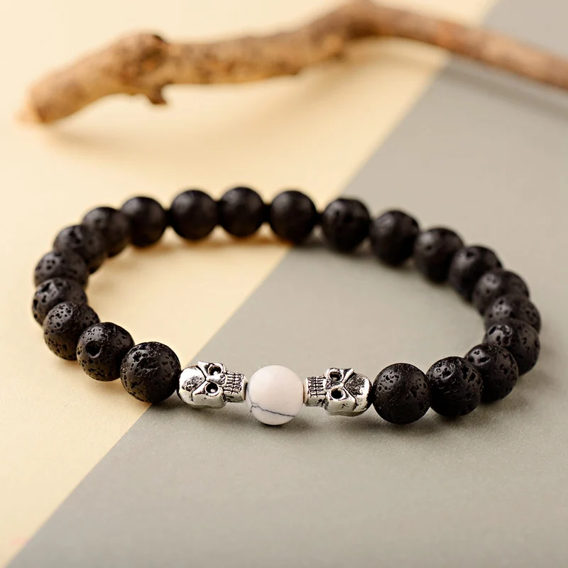 Серебряный цвет Скелет Череп браслет для мужчин с черной лавой и белой бирюзой