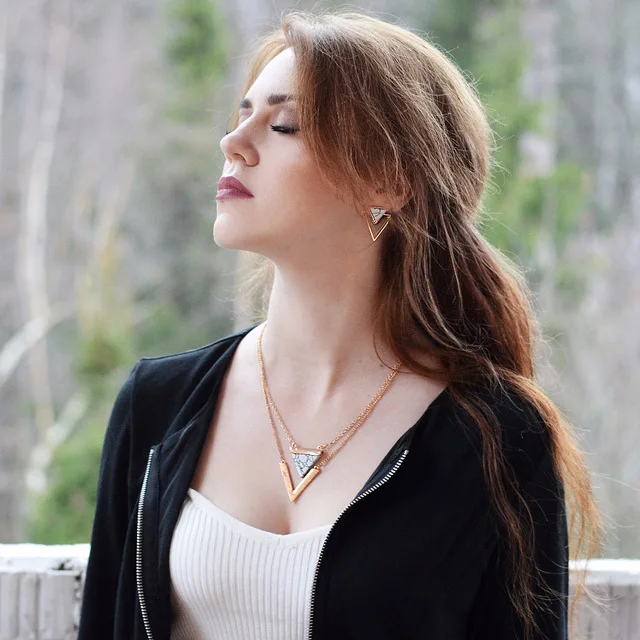 V Letter Shape Triangle Stone Double Layered Geometric Pair Pendant Necklaces Friendship Statement Necklace For Women Jewelry |