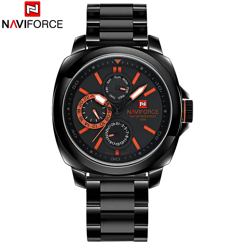 orange NAVIFORCE мужские 24 кварцевые наручные часы мужские 30 м водонепроницаемые часы IP черный браслет из нержавеющей стали Календарь Часы Relogio Masculino - Цвет: orange