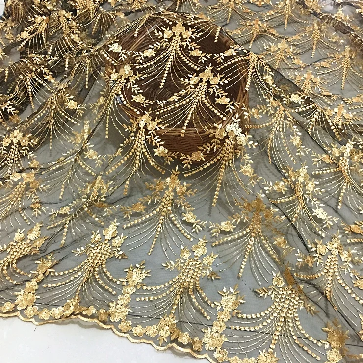 Tela de encaje de falda, tela de encaje bordado Floral dorado para vestido de novia francés, coser en malla de tul, accesorios de ajuste Diy