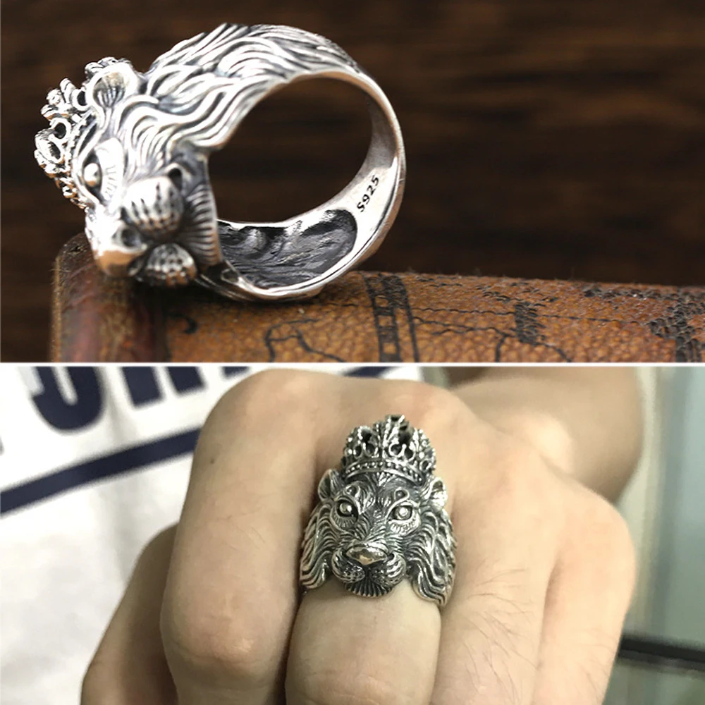

MetJakt Punk Rock 925 Sterling Silver Crown Lion King Ring for Ride A Motorcycle Cool Men Rings Vintage Thai Silver Jewelry