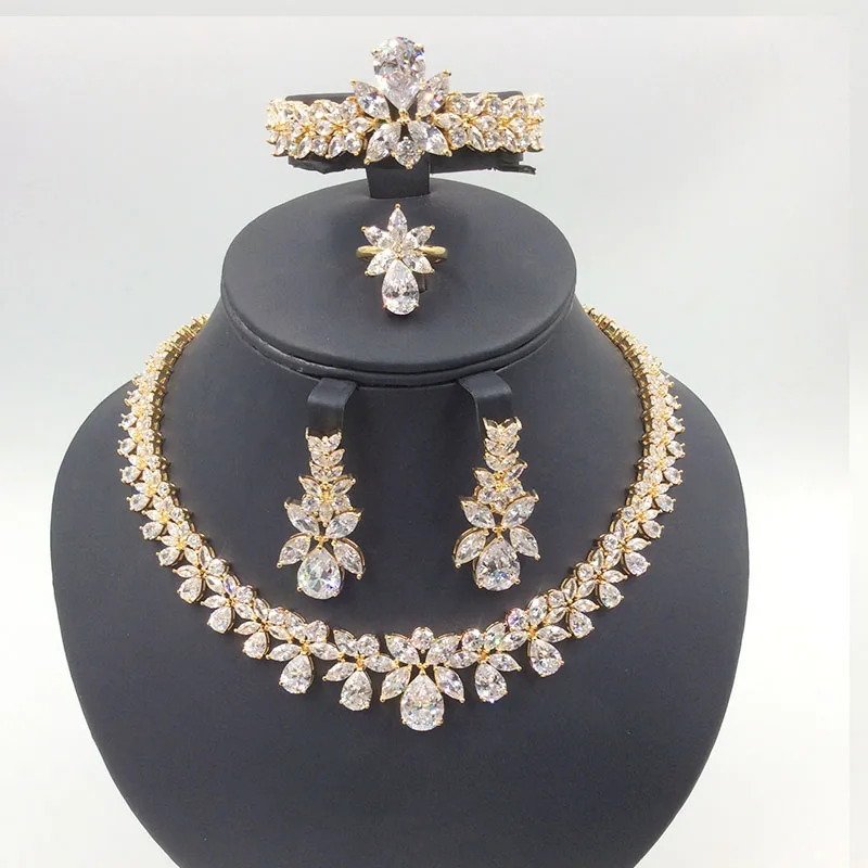 Hadiyana Bijoux Femme Ensemble Свадебные Ювелирные наборы для женщин сверкающий AAA циркон медь Модный комплект ювелирных изделий для подружки невесты CN184 - Окраска металла: Yellow Gold plated