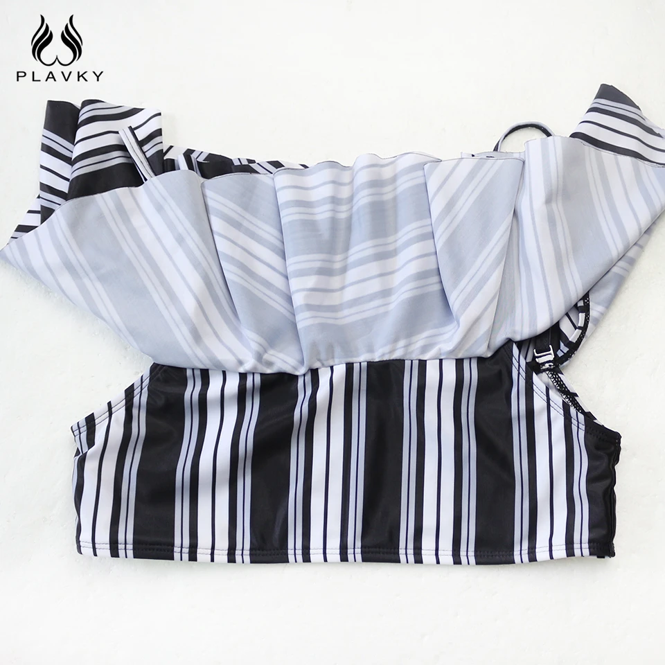 Купальник бикини PLAVKY в полоску с открытыми плечами стиле ретро оборками высокой