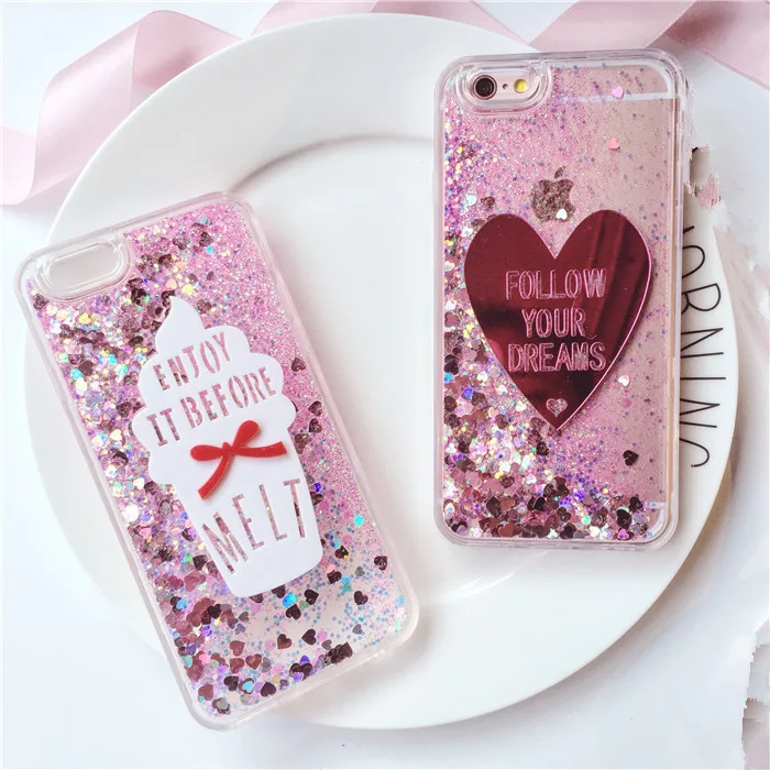 Luxury pink Heart Glitter Liquid Phone Case for IPhone 7 7plus 6 6plus 5s case Bling Ice Cream Tpu Back Cover lanyard |
