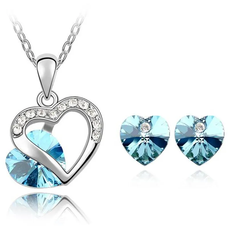 SHDEDE кристалл Swarovski сердце кулон ожерелье серьги гвоздики Свадебные вечерние Ювелирные наборы Подарки для женщин-4351 - Окраска металла: Sea Blue