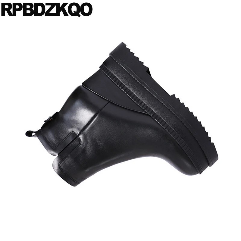 Женские ботинки на танкетке Flatform черные повседневные ботильоны из натуральной