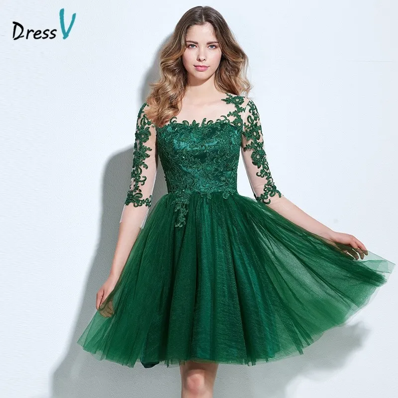 Dressv коктейльное платье трапециевидной формы с круглым вырезом зеленое с аппликацией 3/4 Длина рукава пуговицы длиной до колена коктейльное платье Формальное вечернее платье