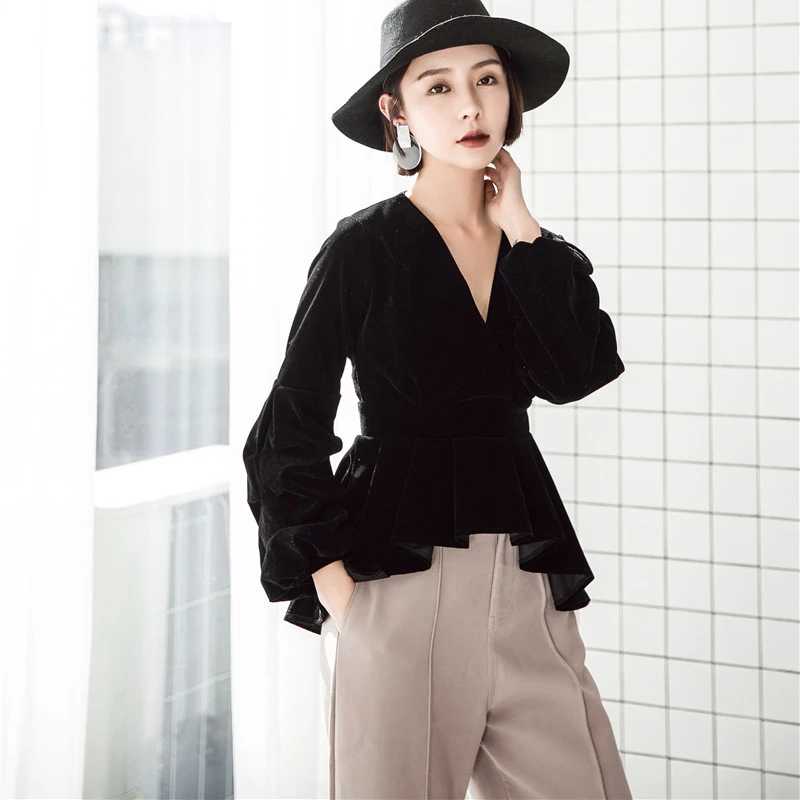 2018 облегающие повседневные женские бархатные рубашки с v образным вырезом