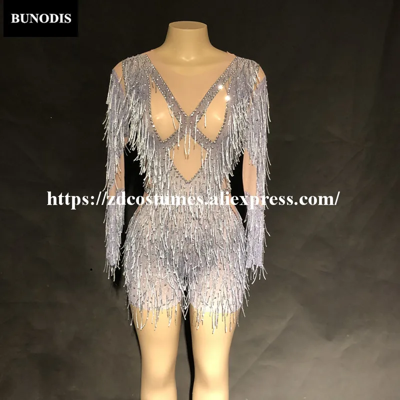 ZD393 Women Sexy Net Yarn Bodysuit Silver Tassel Sparkling Crystals Jumpsuit Nightclub Party Stage Wear Dancer Singer Bling