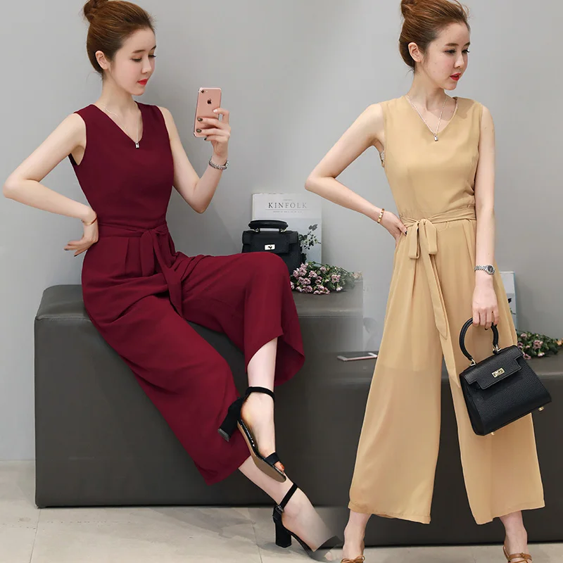 Высокое качество Лето Новая мода дамы комбинезон шифон без рукавов комбинезоны