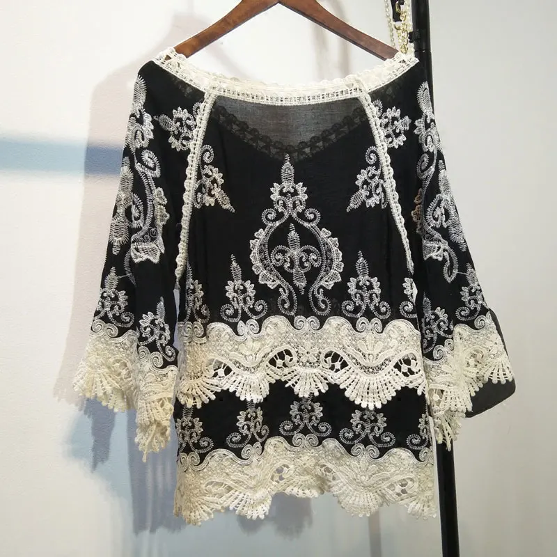 Женская винтажная блузка с вышивкой кружевная цветочной лето 2021|embroidery blouse|lace