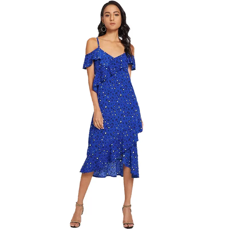 Женское платье с оборками H.SA синее вечернее на бретельках треугольным вырезом и