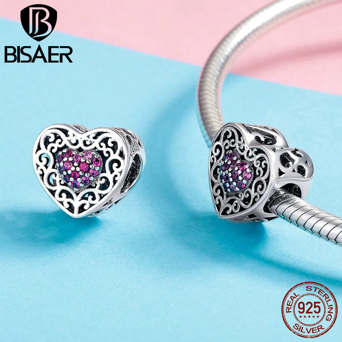 BISAER, 925 пробы, серебро, европейский стиль, сердце, геометрические бусины, подходят для шарма, браслеты, серебро 925, ювелирные изделия ECC1109