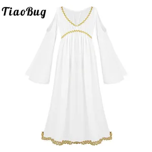 TiaoBug девочки Золотая отделка принцесса Греческая богиня Халат Дети Хэллоуин костюм аниме ребенок Косплей Ролевая игра Вечеринка длинное платье