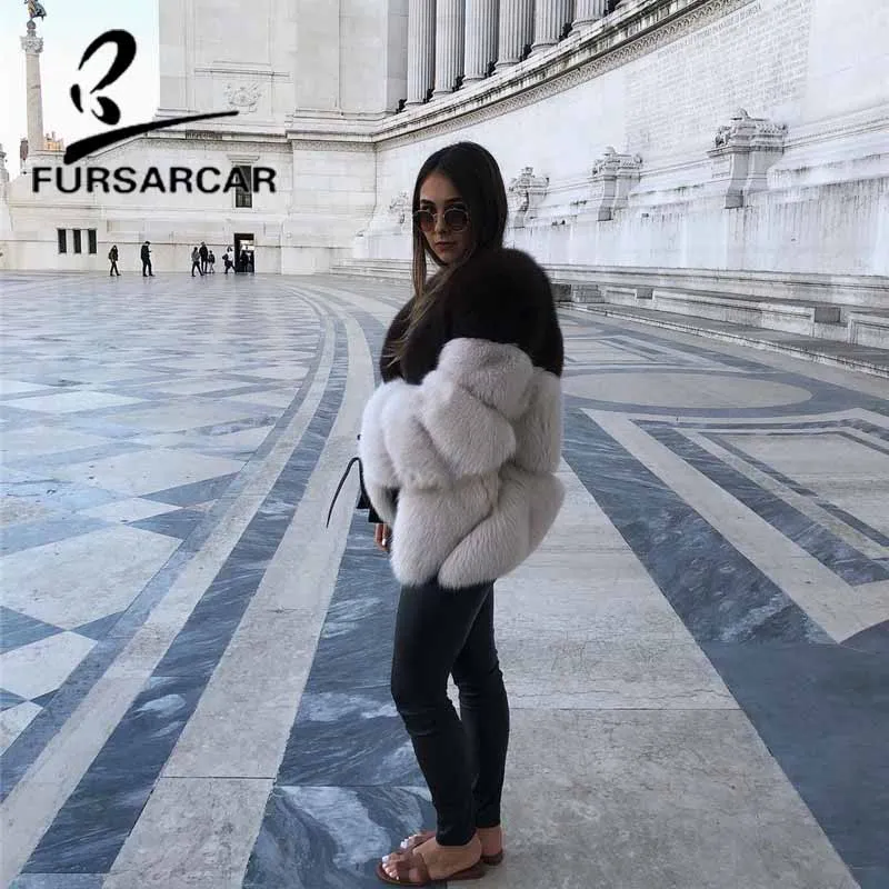 FURSARCAR 2018 натуральный Лисий мех пальто для Для женщин О образным вырезом 60 см