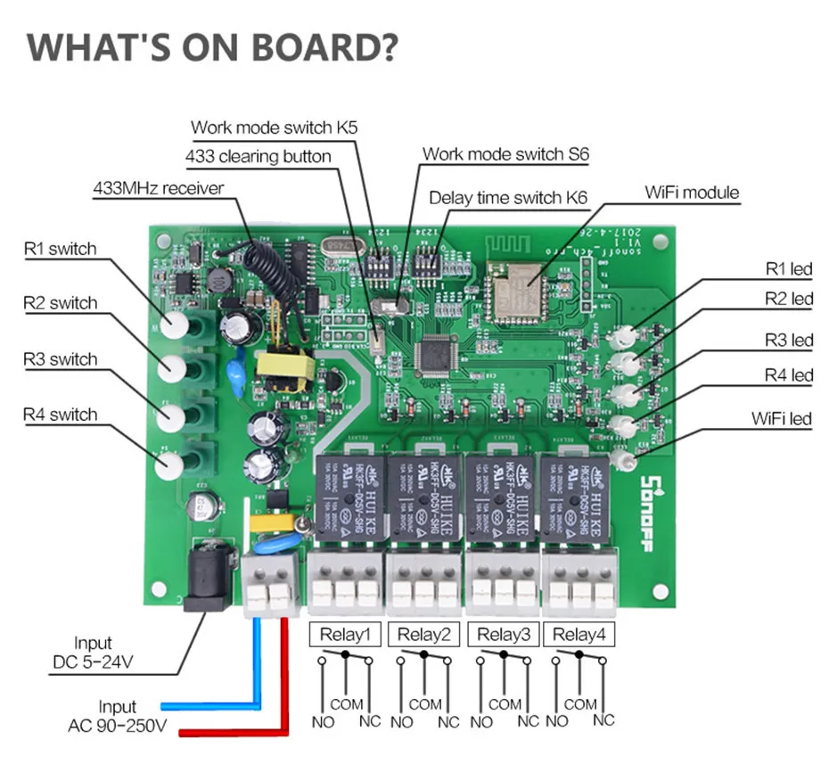 Sonoff 4CH Pro R2 умный дом Wifi переключатель 433 МГц RF Wifi светильник 4 банды 3 режима работы инчинг Блокировка работа с Alexa