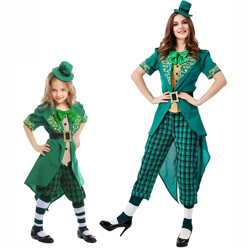 

Kids Adult St. Patrick's Day Irish Leprechaun Costumes Cosplay Full Set For Girls Woman Green Spirit Halloween Party Costume