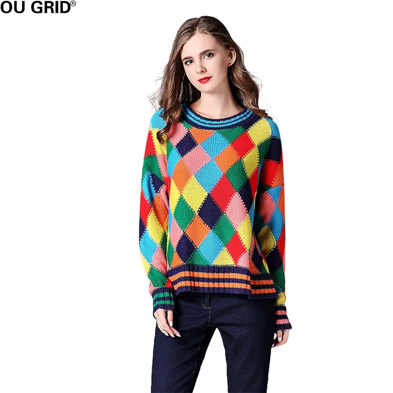 Women Colorful Plaid Sweater Pullovers 2017 Autumn Long Sleeve O-neck Fashion Bottom Casual Jumper New Arrival | Женская одежда