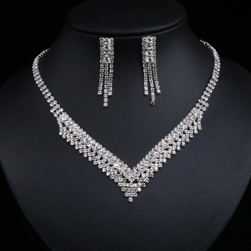 Комплект из колье и серёг серебристого цвета с кристаллами|bridal wedding jewelry|bride