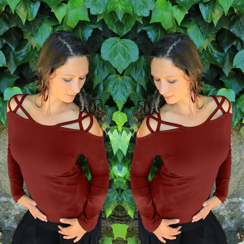 Summer Women Sexy Slash Neck Long Sleeve Solid Color Modal Tops &amp Tees Womens Elegant Hollow out tops t shirts Femininas | Женская