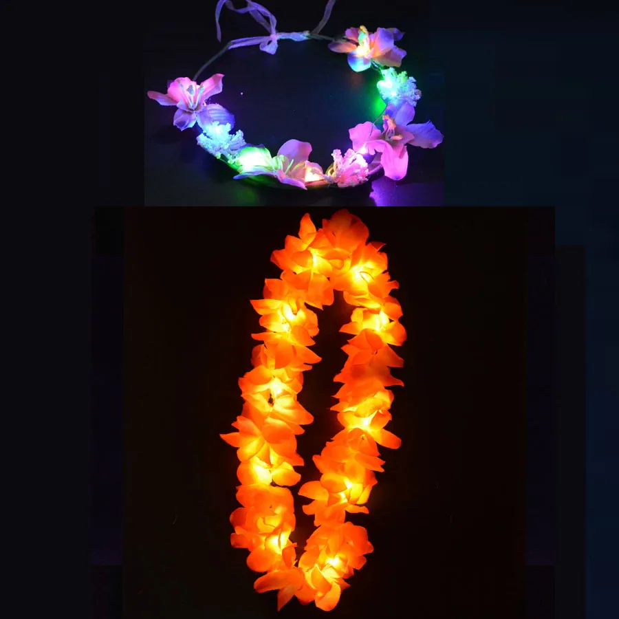 orange garland Светильник светящийся светодиодный гавайский танец хула Луау цветок головной убор Leis гирлянда ожерелье оголовье венок День рождения украшение свадьбы - Цвет: orange garland