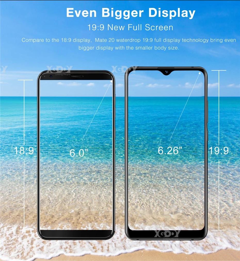 XGODY Dual 4G Sim мобильный телефон Android 9,0 6,2" 19:9 смартфон 2 Гб 16 Гб MTK6737 четырехъядерный 13,0 МП отпечаток пальца mate 20 мобильный телефон