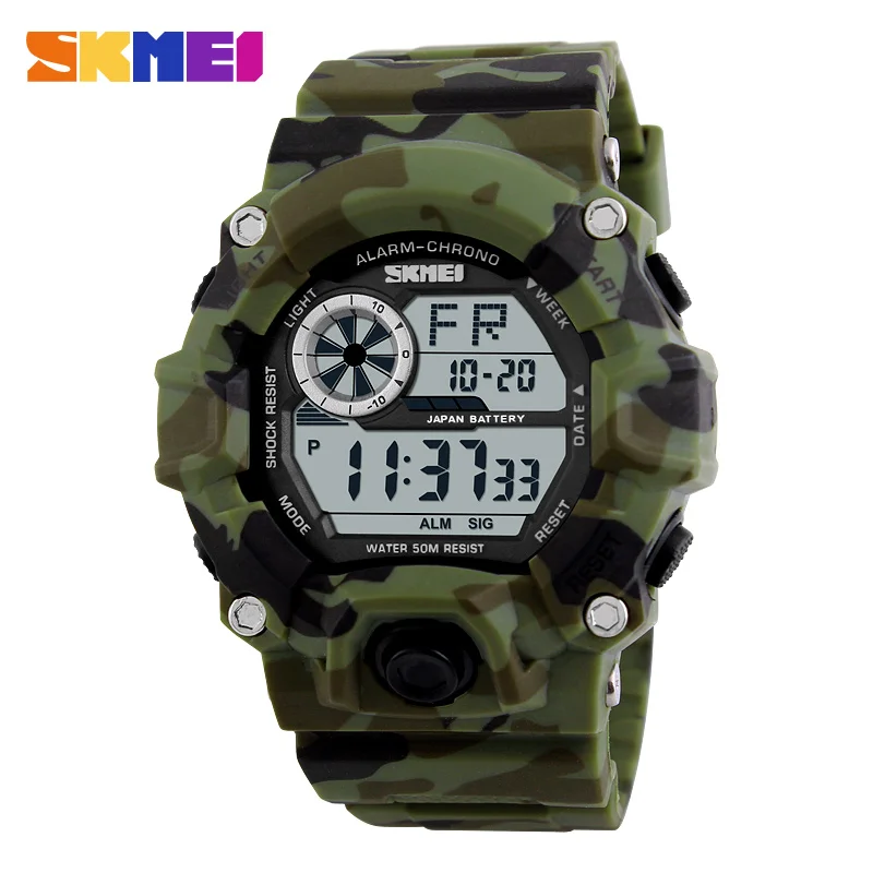 Green Camouflage SKMEI уличные спортивные часы мужские часы с будильником 5 бар водонепроницаемые военные часы светодиодный дисплей ударные цифровые часы Reloj Hombre - Цвет: Green Camouflage
