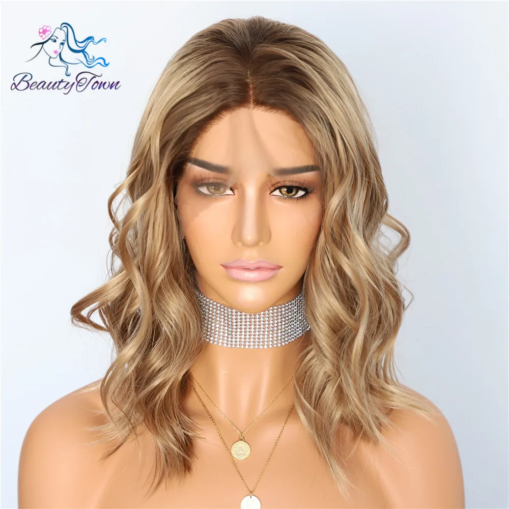 BeautyTown темный корень Омбре коричневый короткие термостойкие волосы блоггер ежедневный макияж Glueless Синтетические Кружева Передние Свадебные партии Парики