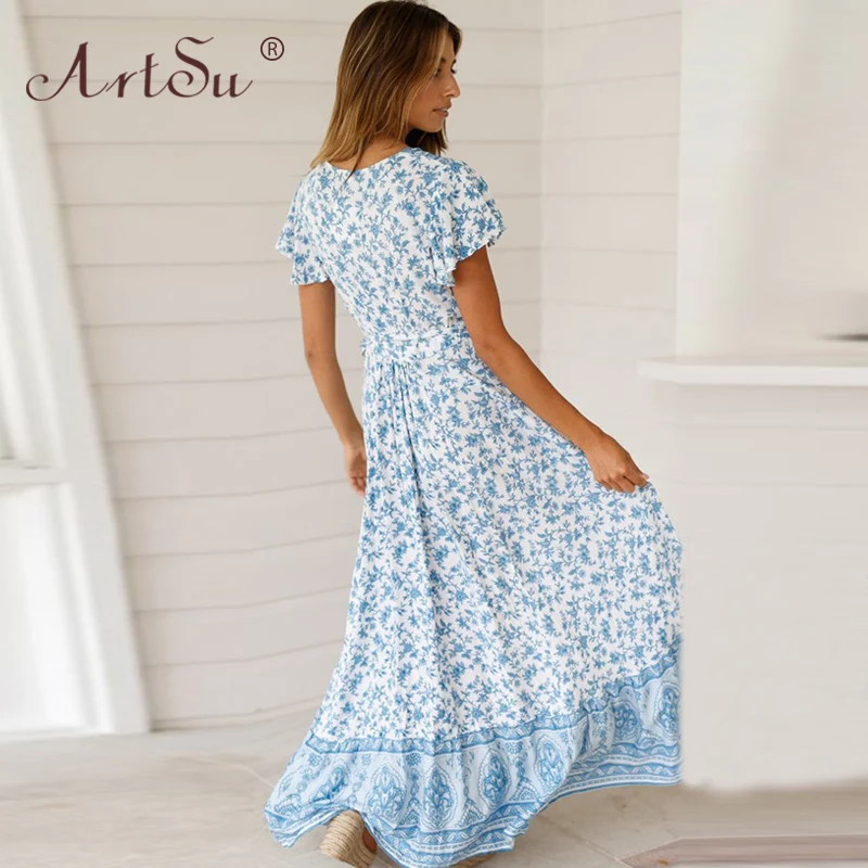 

ArtSu Women Casual Short Sleeve Summer Dress High Split Bohemia Floral Print Wrap Maxi Dress Female Holiday Long Beach Dresses