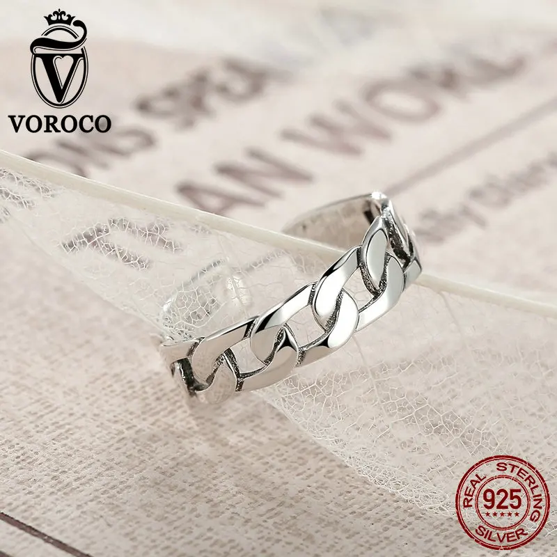 VOROCO 925 Sterling Silver Simple Strackable Twine Chain Pattern Rings Cuff Open Adjustable Ring for Woman Fine Jewelry VSR036 | Украшения