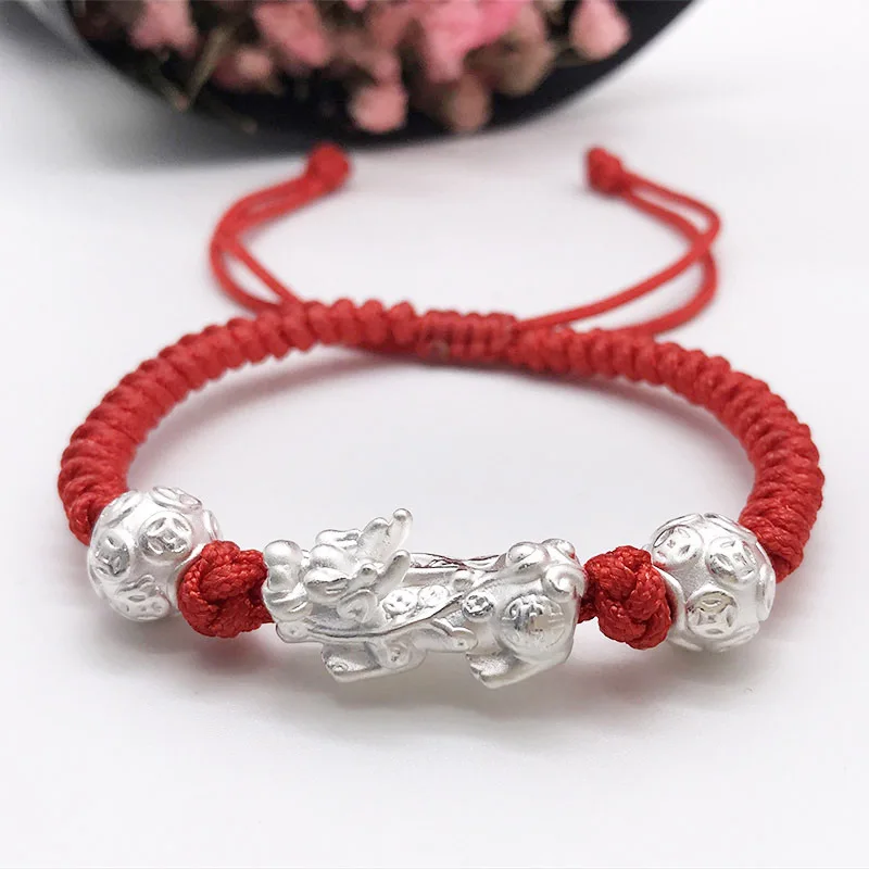 Red for Lady Ручной работы 999 серебряный браслет с писю 3D Серебро Богатство пиксиу плетеный браслет хороший браслет, приносящий удачу для влюбленных - Окраска металла: Red for Lady