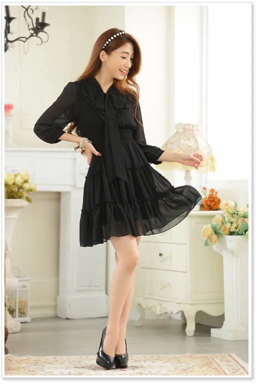 F~3XL Brand Plus Size Spring Elegant Bow Elastic Waist Tiered Women Beach Chiffon Pleat Female Casual Short Tunic Dress Vestidos | Женская