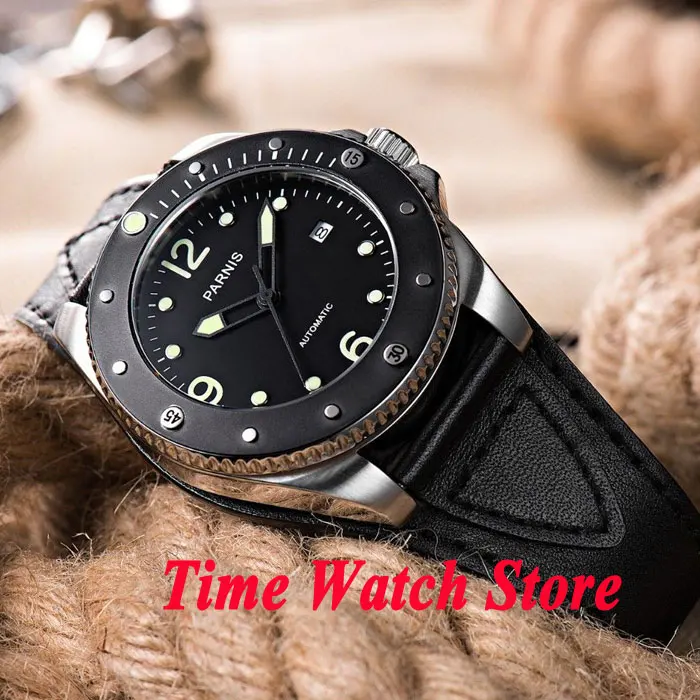 Мужские автоматические часы с сапфировым стеклом Parnis Черная Керамическая рамка