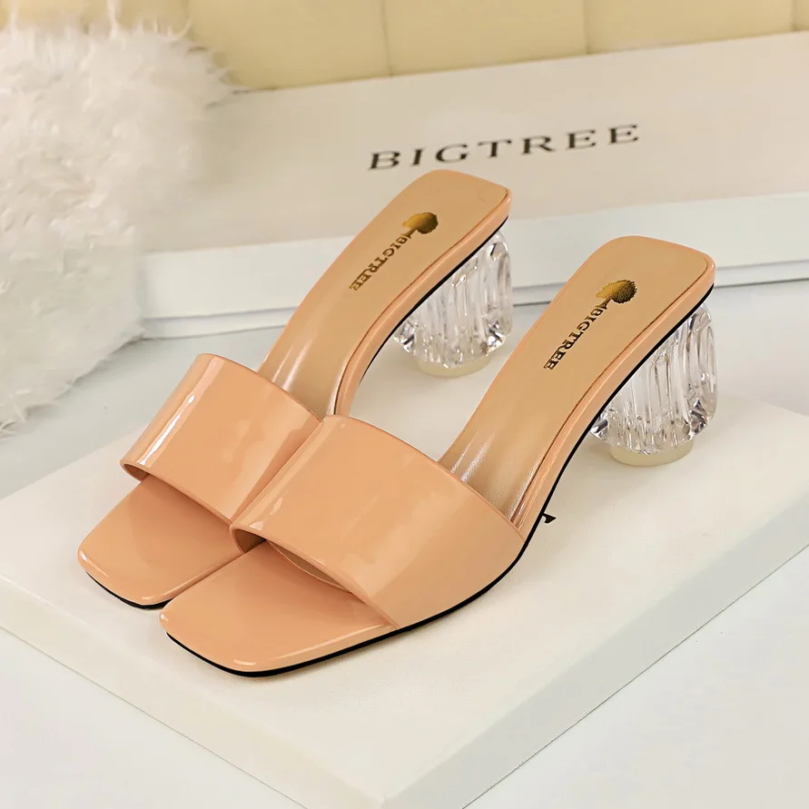 

Koovan Women's Slippers Fashion Summer Daily Ladies Transparent High-heeled Square Head Patent Leather Slippers Women Shoes