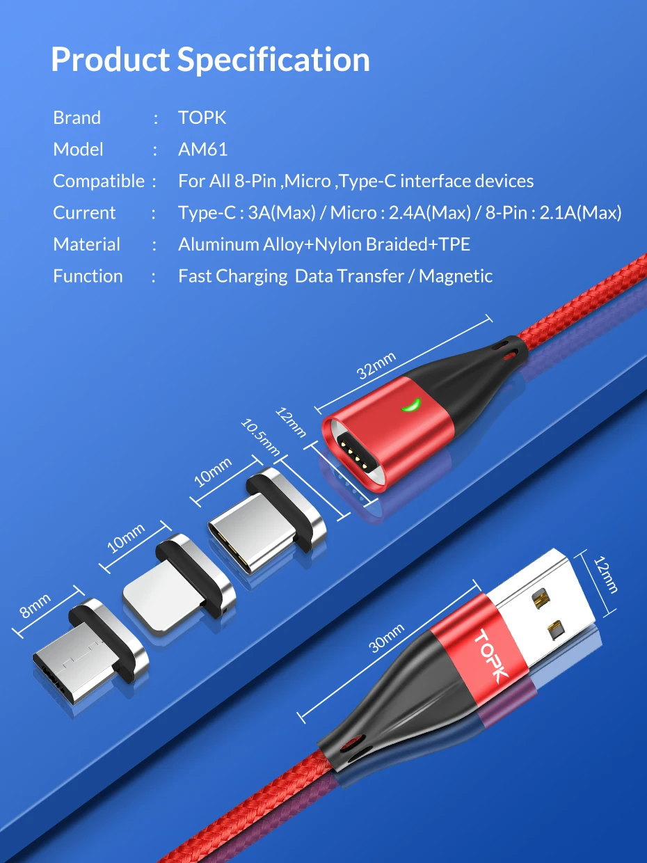 Магнитный Micro USB кабель TOPK 2 м для iPhone samsung, usb type C, быстрая зарядка, USB C, Магнитный зарядный провод