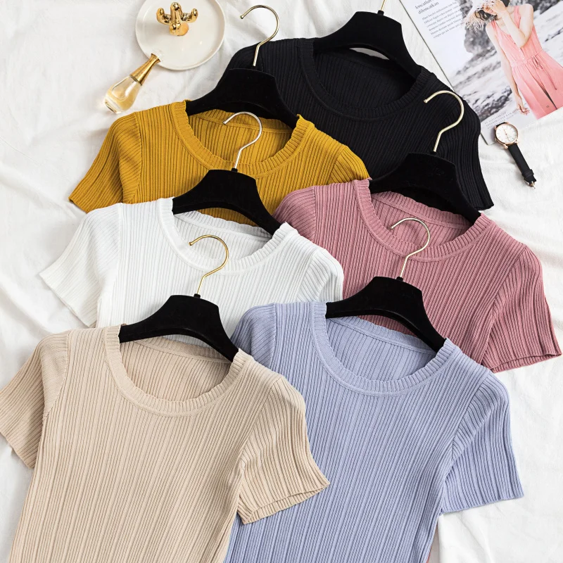 2019 Women Summer Tops Knitted Sweaters and Pullovers O Neck Short Sleeve Solid Knitting Tshirts all-match sleeve sweater | Женская
