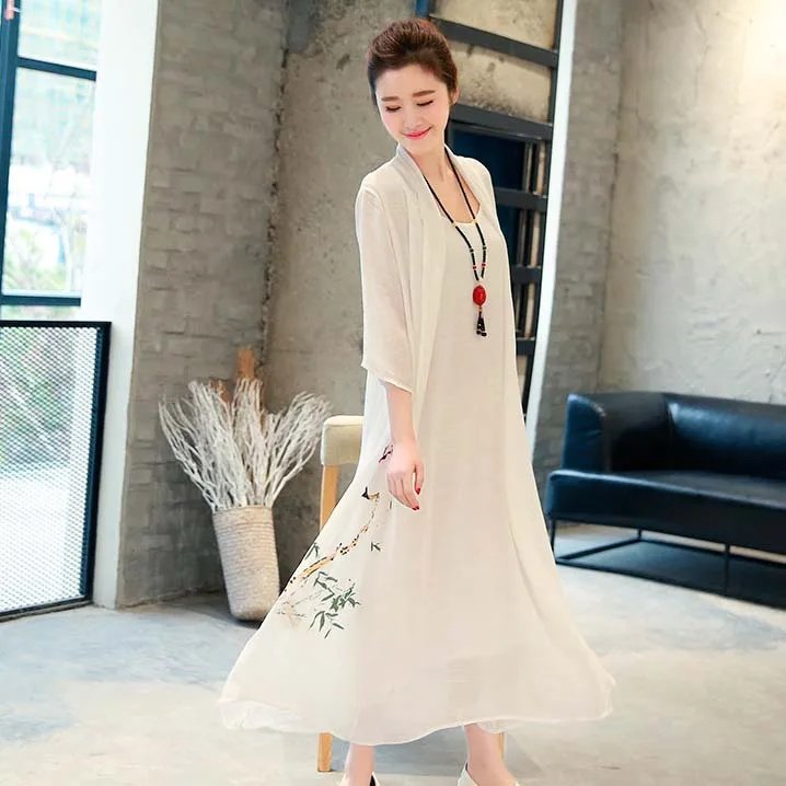 Женское офисное платье кимоно из хлопка и льна свободное винтажное двух частей с