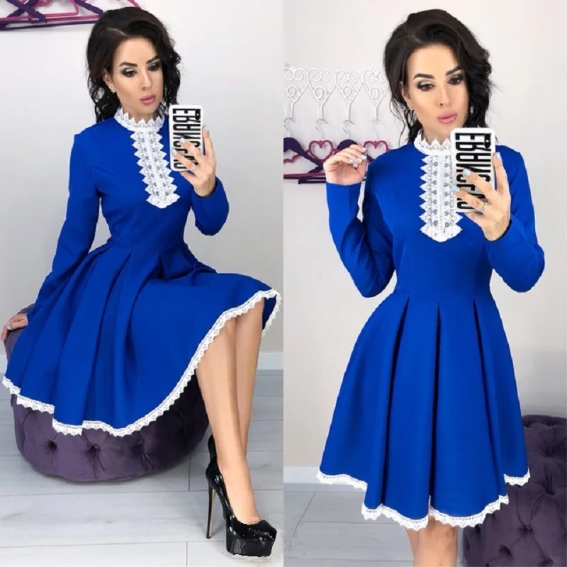 Осеннее платье 2018 женское кружевное элегантное пэчворк с длинными рукавами