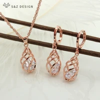 sz spiral hollow water drop dangle drop zircon earrings 585 rose gold color jewelry set for women gift anti allergy eardrop