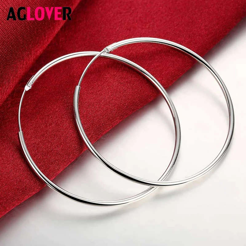 

AGLOVER 925 Sterling Silver 50mm Big Smooth Round Earrings For Women Fashion Wedding Party Birthday Gift Jewelry