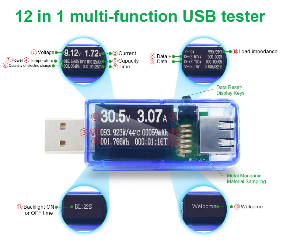 Новейший 12 в 1 USB Тестер DC Цифровой вольтметр amperimetro voltagecurent метр амперметр